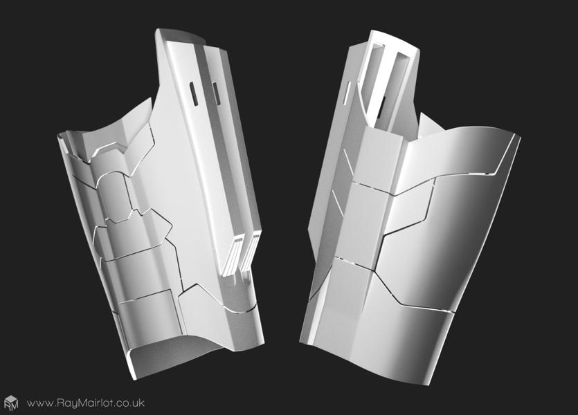 A 3D render of a model of a silver metallic forearm shown from two different perspectives on a dark grey background.